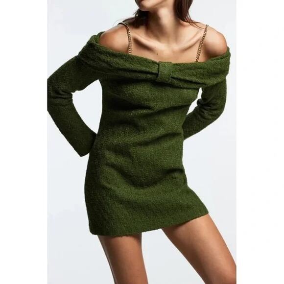 NEW Zara Blogger Favorite Moss Green Structured Chain Straps Bow Mini Dress L - Picture 1 of 12